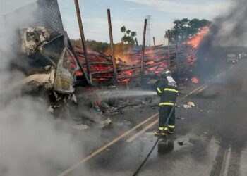 Motorista morre carbonizado em colisão entre duas carretas na BR-262