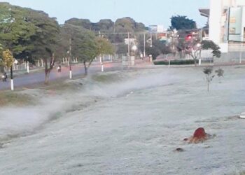 Leitores mandam fotos de Dourados, após forte geada desta madrugada: grama congelada