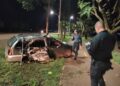 Bêbado e com 2 crianças no carro, motorista arranca poste e só para ao bater em árvore