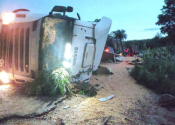 Carreta com 50 toneladas de milho tomba na BR-060 e motorista sai ileso