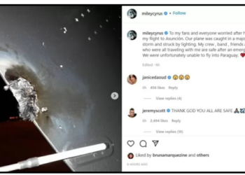 Avião de Miley Cyrus é atingido por raio e cantora não consegue chegar ao Paraguai para show