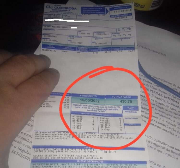“Confuso!:” Águas Guariroba multa usuário por dificultar leitura em janeiro, mas contas continuaram a chegar