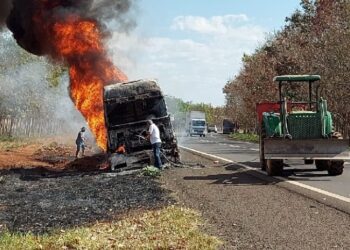 Cavalo Mercedes pega fogo, fica destruído na BR-060 e assusta motorista