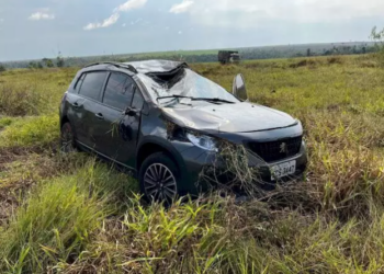 Carro capota com casal e cachorro na MS-141 e deixa a mulher ferida