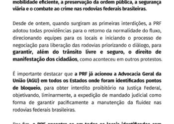 PRF emite nota dizendo que bloquear rodovias não é melhor forma de lutar por direitos