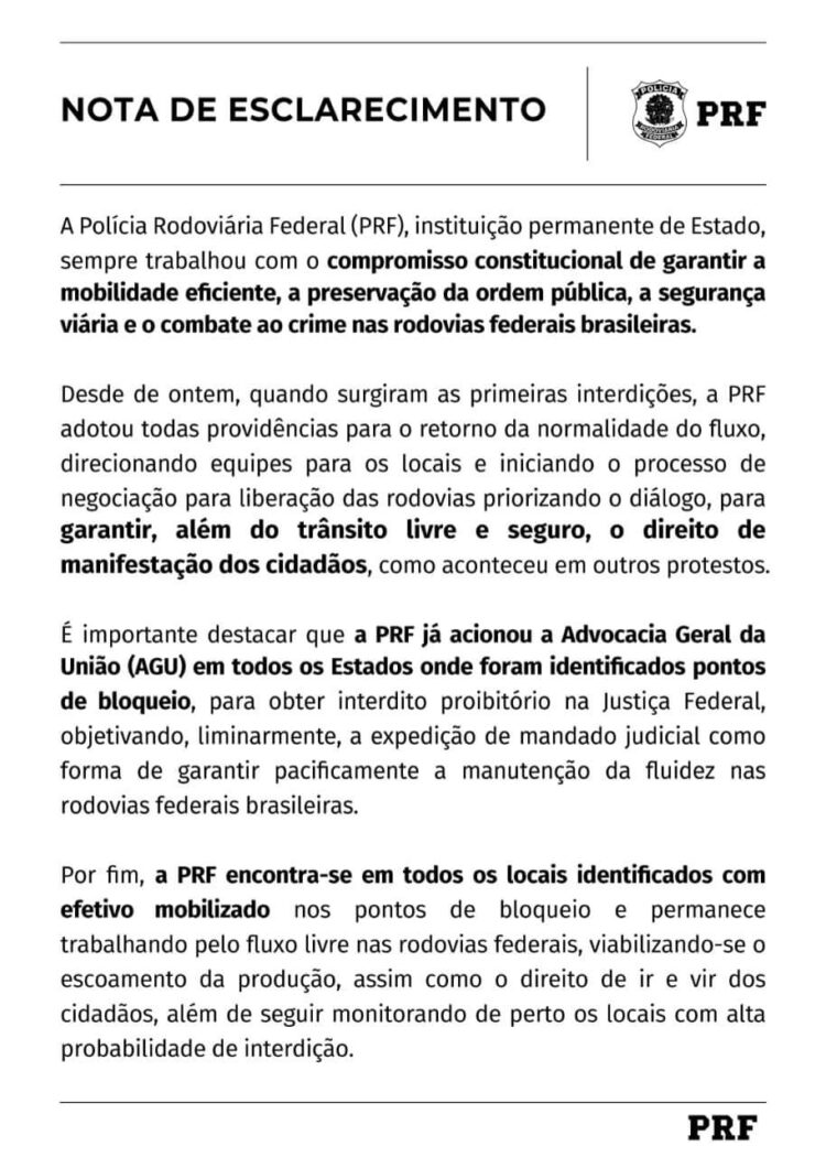 PRF emite nota dizendo que bloquear rodovias não é melhor forma de lutar por direitos