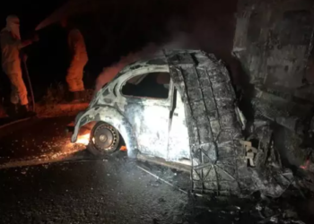 Condutor de Fusca morre preso às ferragens e queimado, após colidir com carreta na BR-267