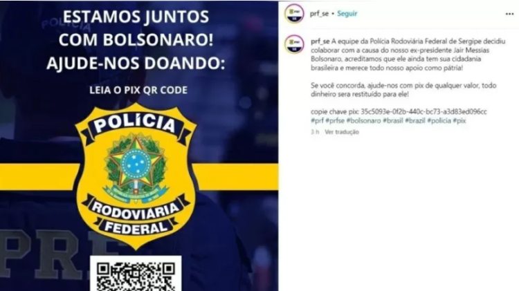 Página da PRF de Sergipe pede doação para Bolsonaro