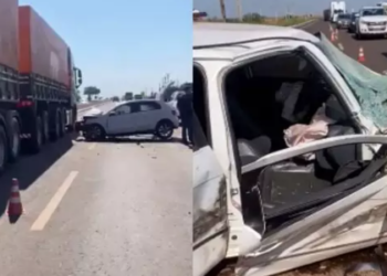 Condutora dorme em volante, colide em caminhão e passageiro fica em estado grave na BR-060