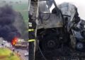Condutor de van com medicamentos morre carbonizado, após colisão com carreta