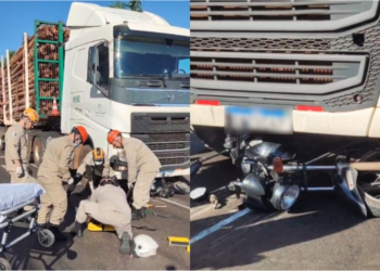 Condutor fica em estado grave, após moto ir parar debaixo de uma carreta, em Três Lagoas