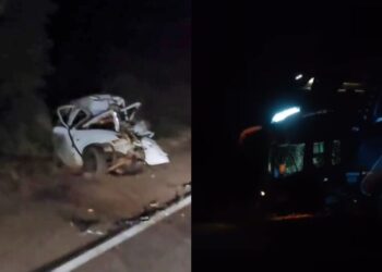 Motorista de carro morre ao colidir de frente com ônibus de passageiros, na BR-262