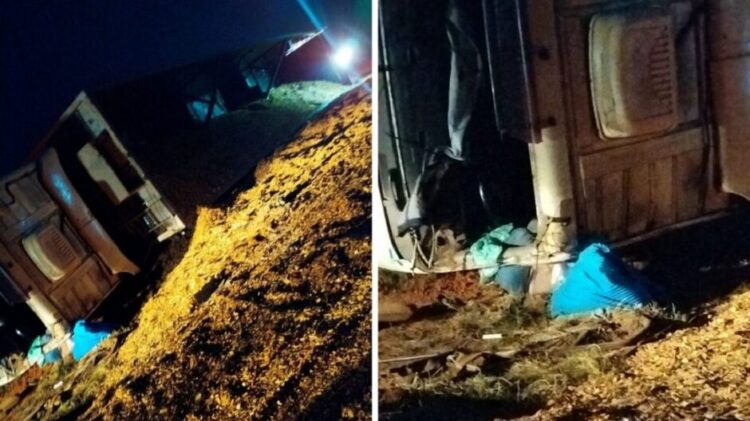 Carreta tomba na MS-141 e condutor morre preso às ferragens entre Ivinhema e Naviraí
