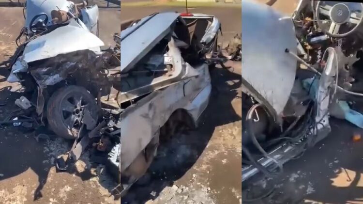 Vídeo: VW Saveiro fica destruída em colisão com carreta em MS e motorista sai ileso
