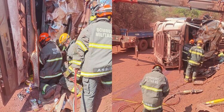 Carreta tomba em Corumbá e condutor morre preso às ferragens dentro da cabine