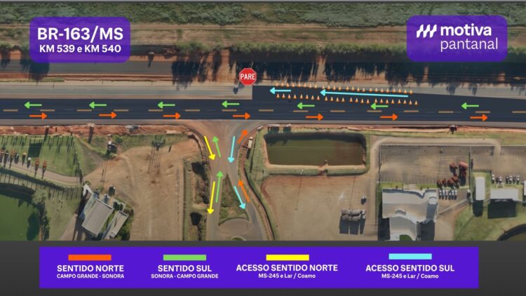 Obras seguem nesta quarta na BR-163 em MS; atenção para desvio e acesso à MS-245 em Bandeirantes