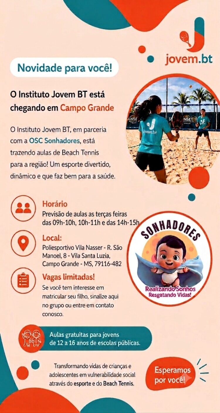 Instituto Jovem BT chega a Campo Grande com aulas gratuitas de Beach Tennis para jovens da rede pública