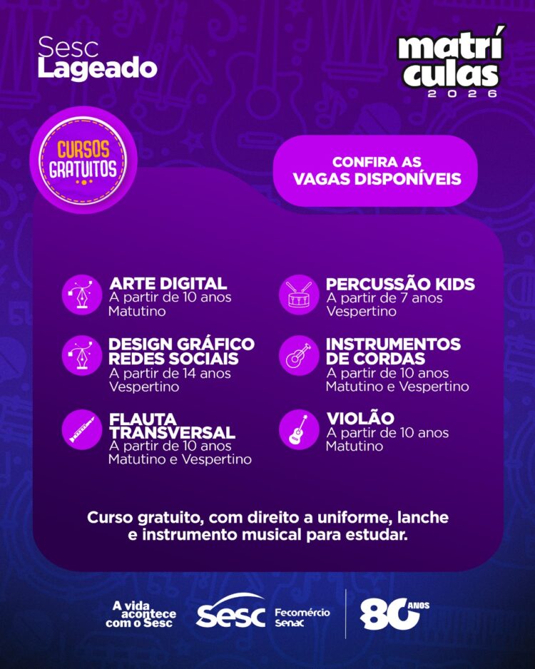 Sesc Lageado abre vagas gratuitas para cursos de arte e música no segundo semestre