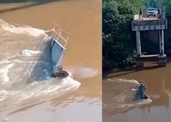 Ponte do Taquari cai e mata condutor de carreta que ficou submerso entre Corumbá e Coxim
