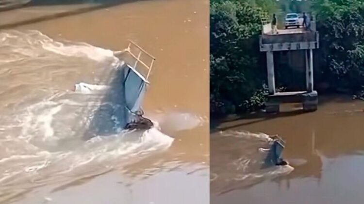 Ponte do Taquari cai e mata condutor de carreta que ficou submerso entre Corumbá e Coxim